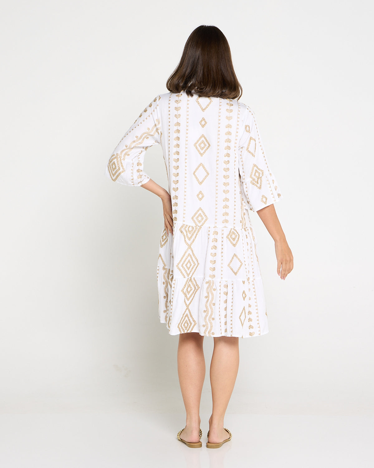 Amalfi Gold Embroidered Dress – White/Gold