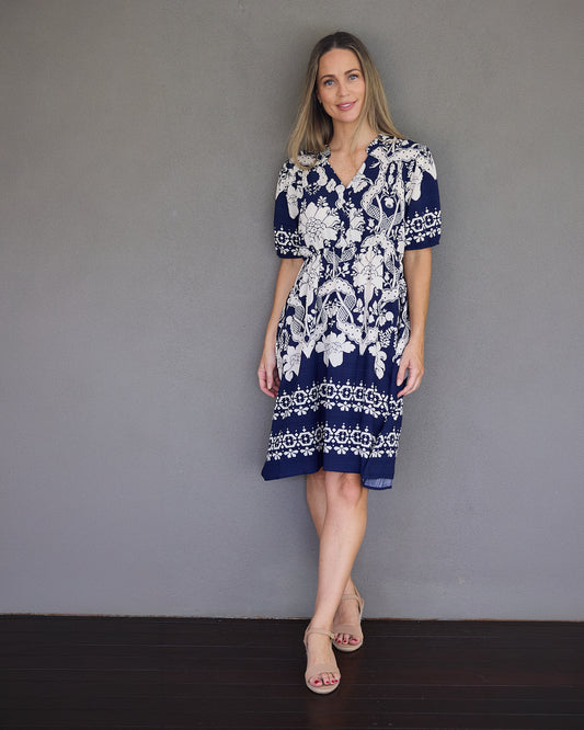 Angelina Dress – Navy Porcelain Floral