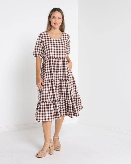 Dalton Cotton Check Dress - Brown