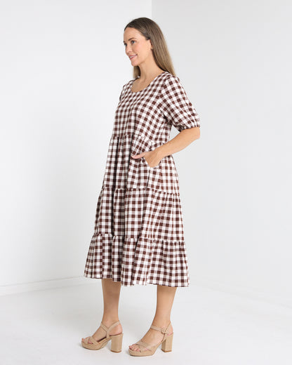Dalton Cotton Check Dress - Brown