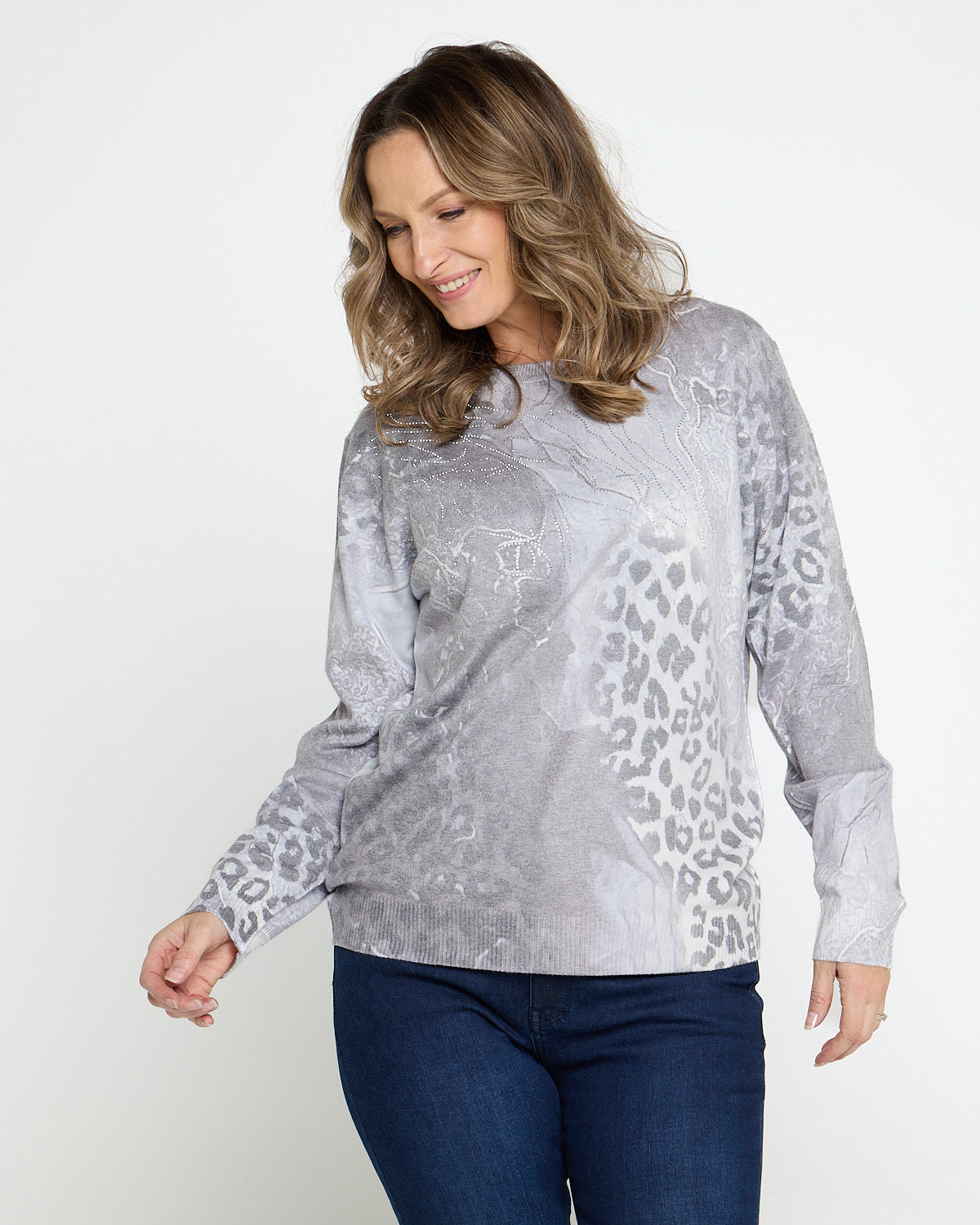 Madison Knit Top - Grey Leopard