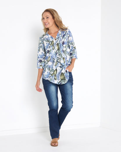 Garside Cotton Pintuck Blouse - Blue Floral