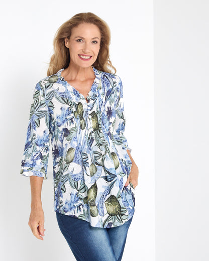 Garside Cotton Pintuck Blouse - Blue Floral