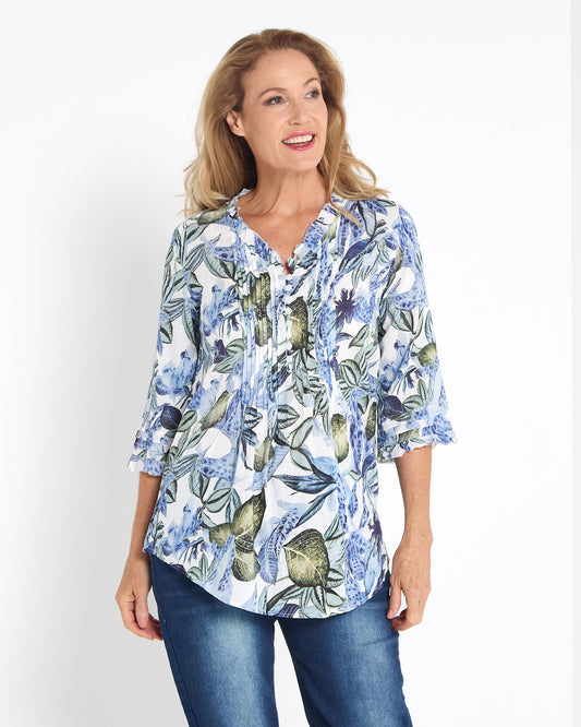 Garside Cotton Pintuck Blouse - Blue Floral