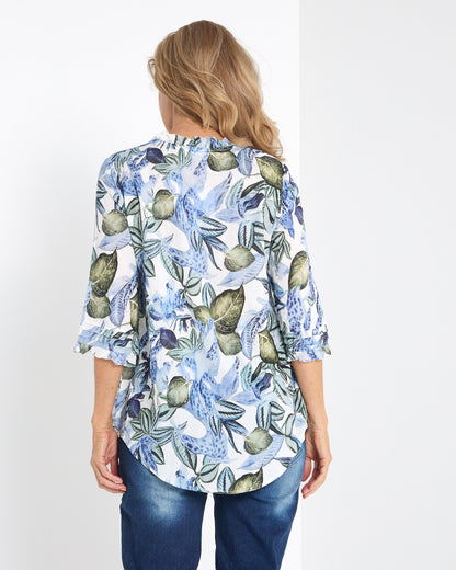 Garside Cotton Pintuck Blouse - Blue Floral