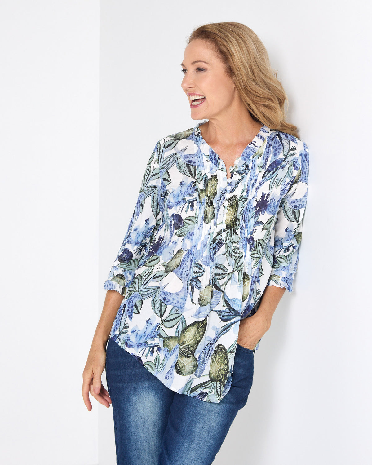 Garside Cotton Pintuck Blouse - Blue Floral