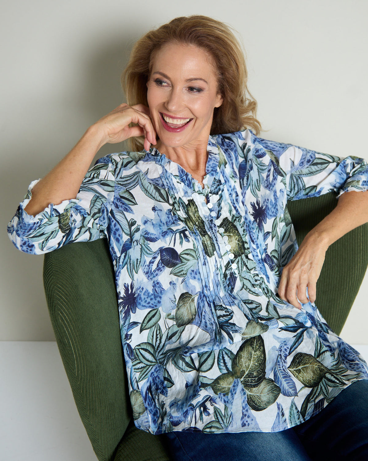 Garside Cotton Pintuck Blouse - Blue Floral