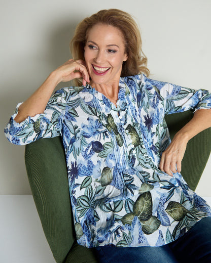 Garside Cotton Pintuck Blouse - Blue Floral