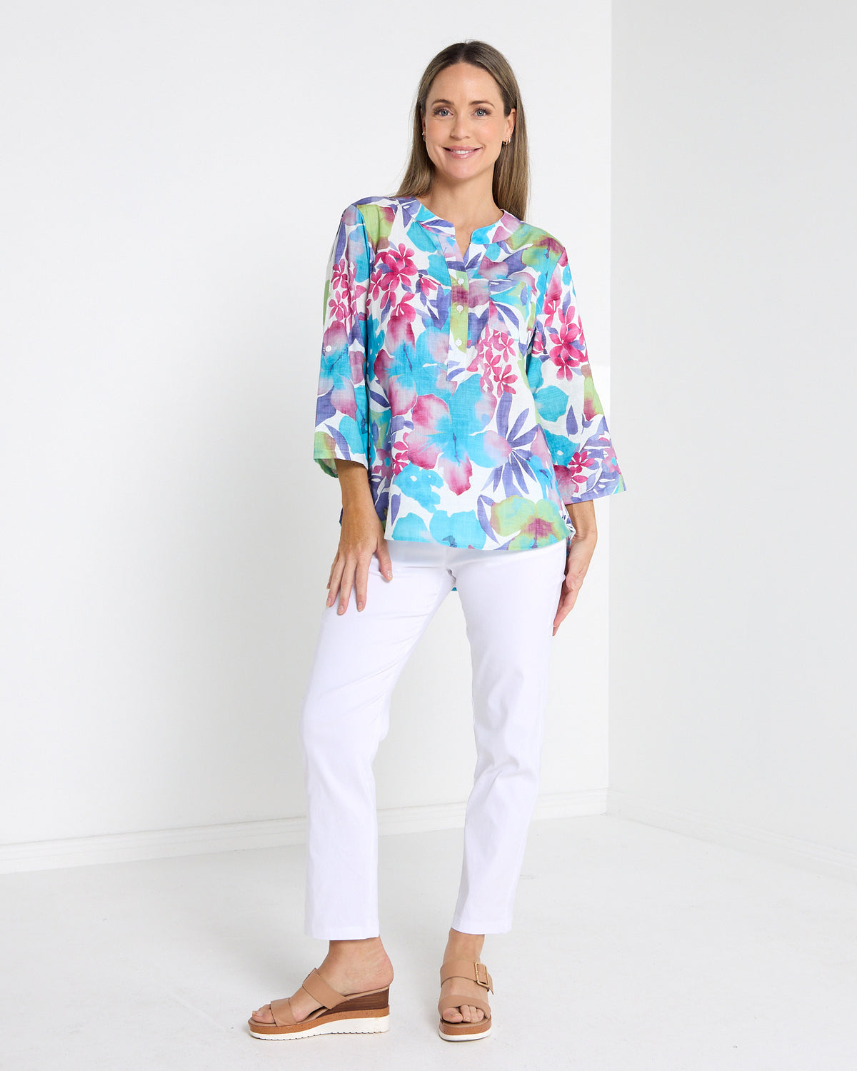 Parnell Cotton Blouse - Aqua Floral