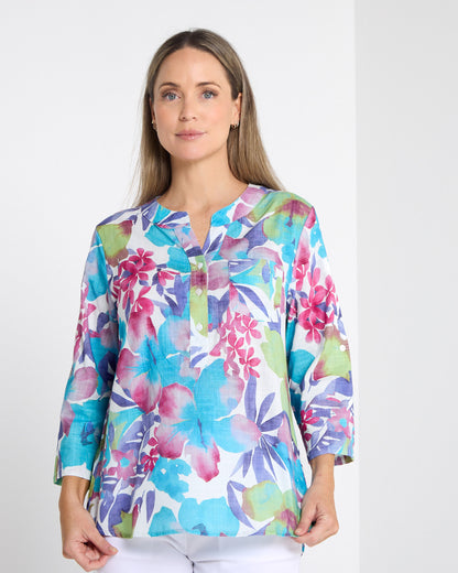 Parnell Cotton Blouse - Aqua Floral