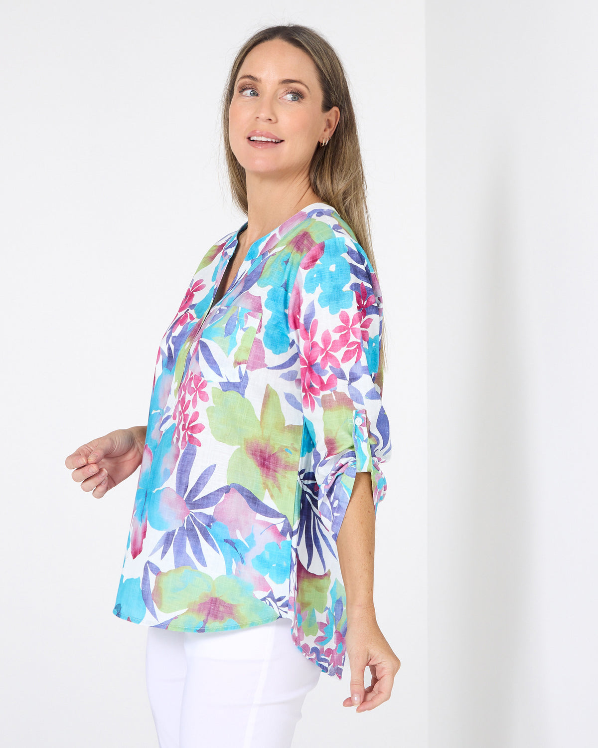 Parnell Cotton Blouse - Aqua Floral
