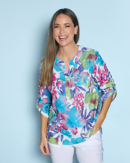 Parnell Cotton Blouse - Aqua Floral