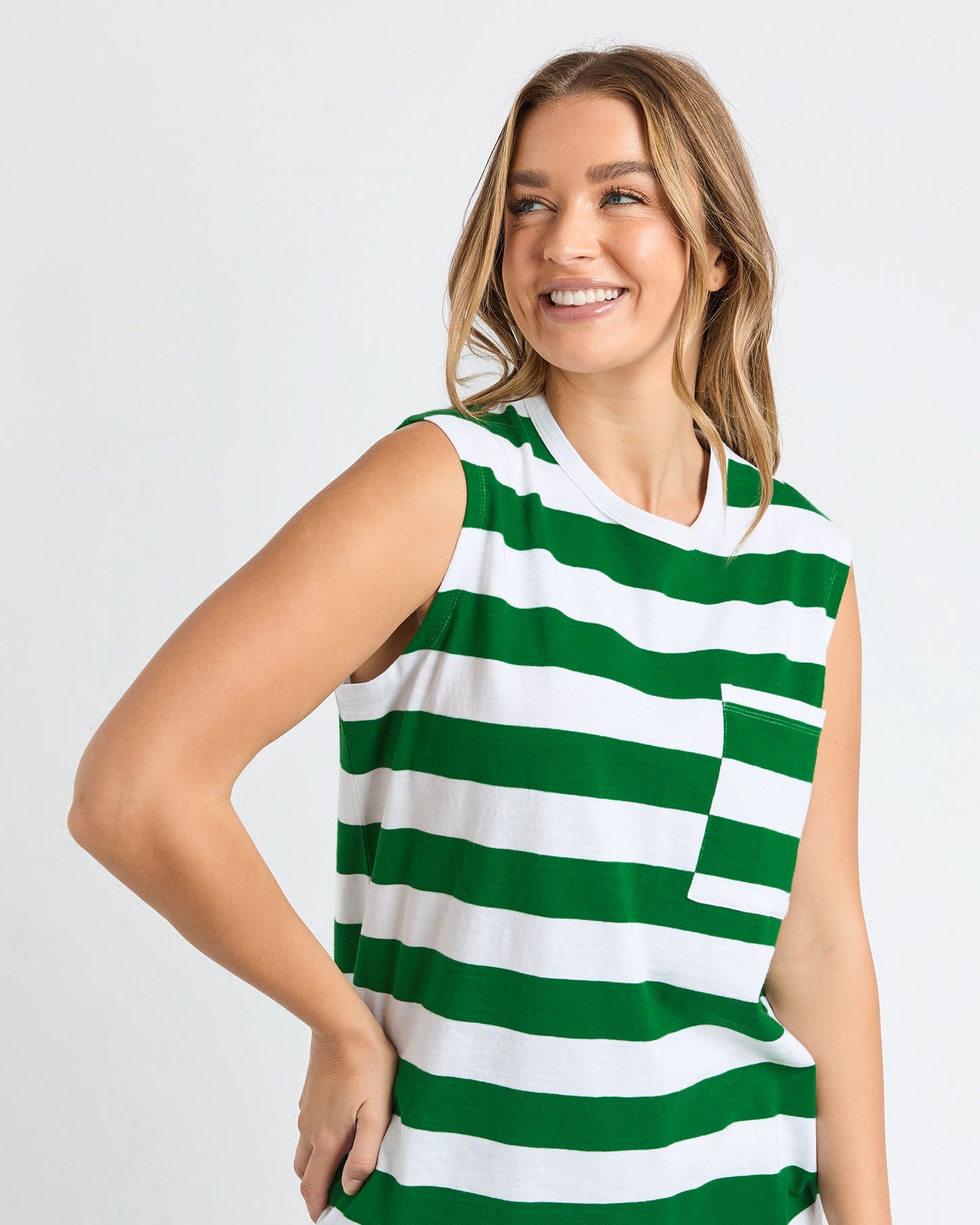 Mellow Cotton Tank Top - Green/White Stripe