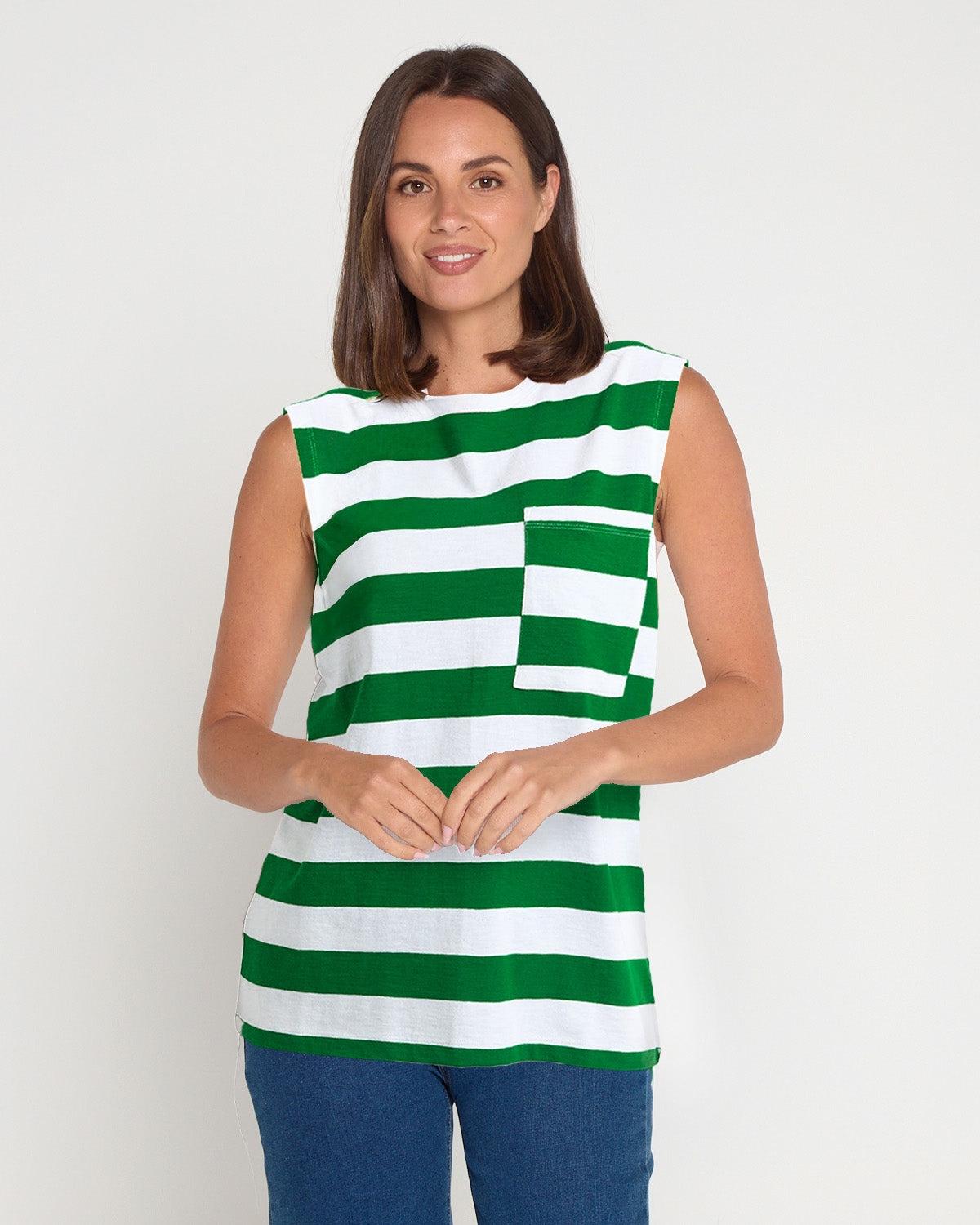 Mellow Cotton Tank Top - Green/White Stripe