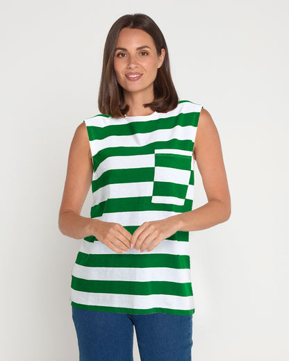 Mellow Cotton Tank Top - Green/White Stripe