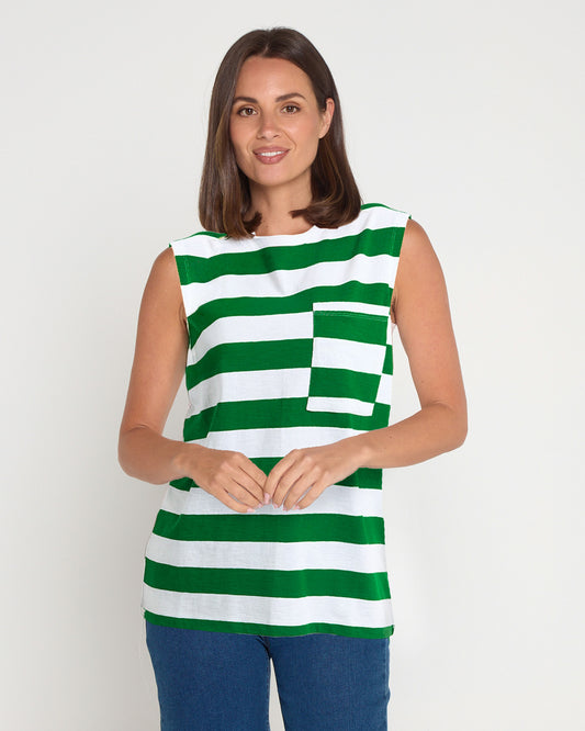 Mellow Cotton Tank Top - Green/White Stripe