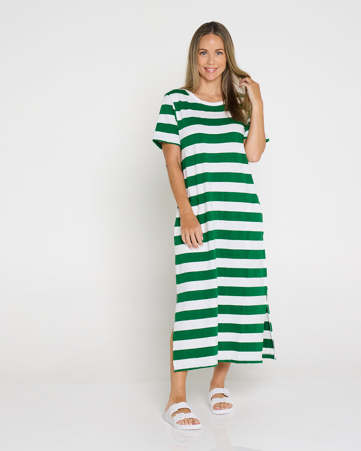 Mellow Cotton Tee Dress - Green/White Stripe