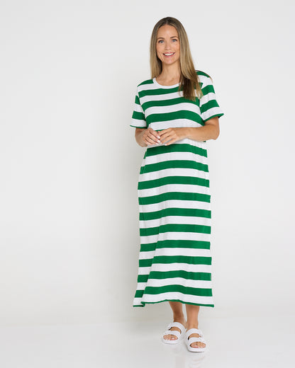 Mellow Cotton Tee Dress - Green/White Stripe