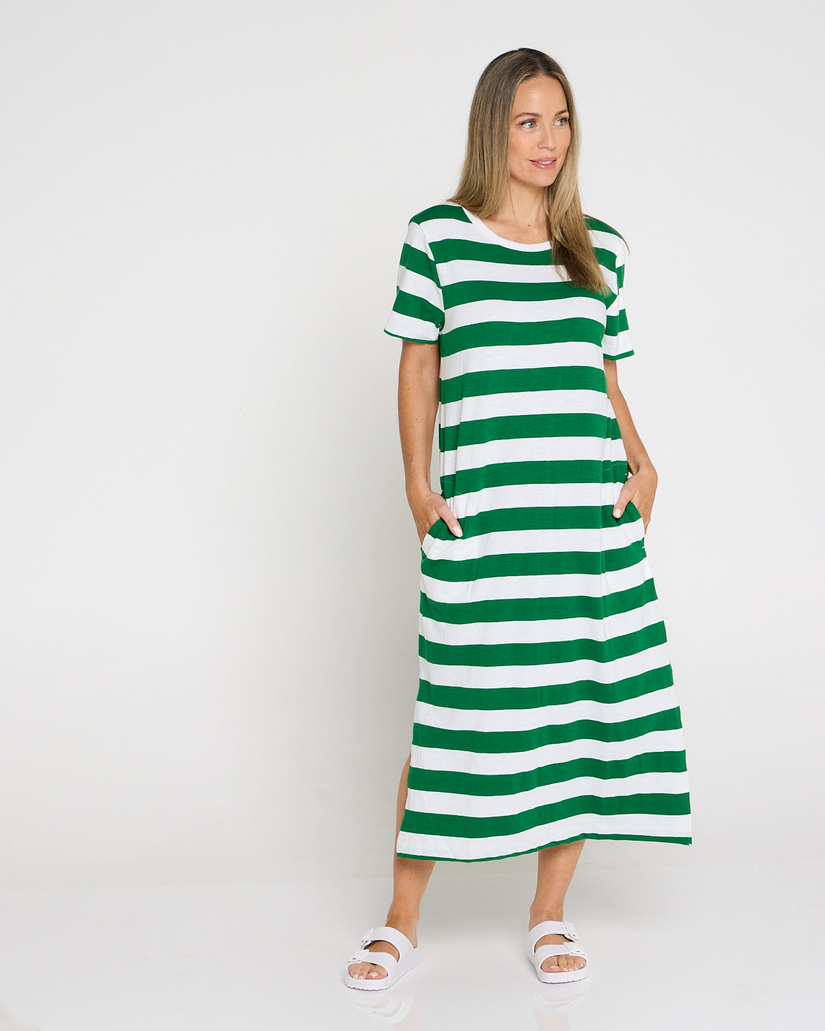 Mellow Cotton Tee Dress - Green/White Stripe