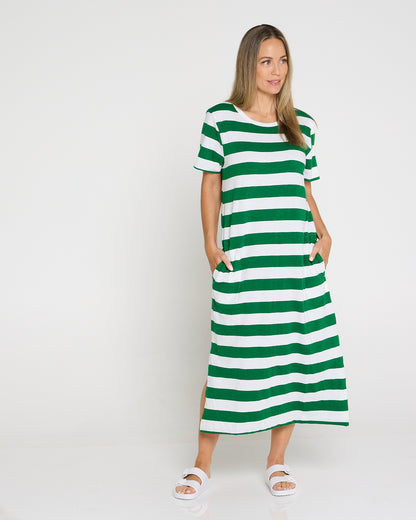 Mellow Cotton Tee Dress - Green/White Stripe