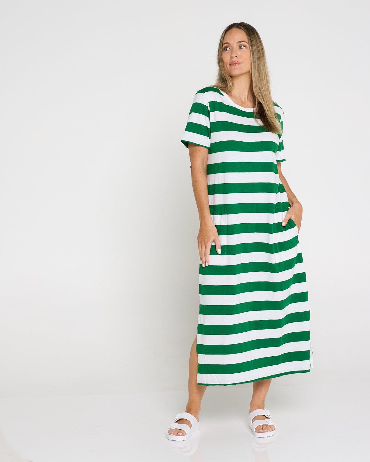 Mellow Cotton Tee Dress - Green/White Stripe