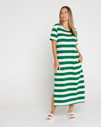 Mellow Cotton Tee Dress - Green/White Stripe