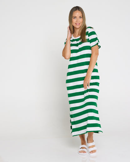 Mellow Cotton Tee Dress - Green/White Stripe