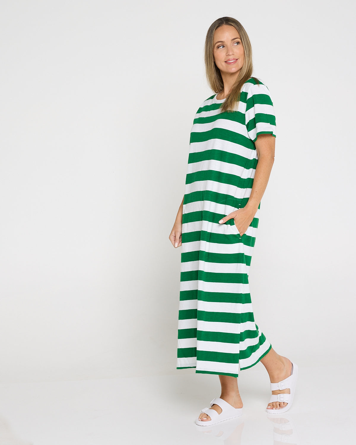 Mellow Cotton Tee Dress - Green/White Stripe