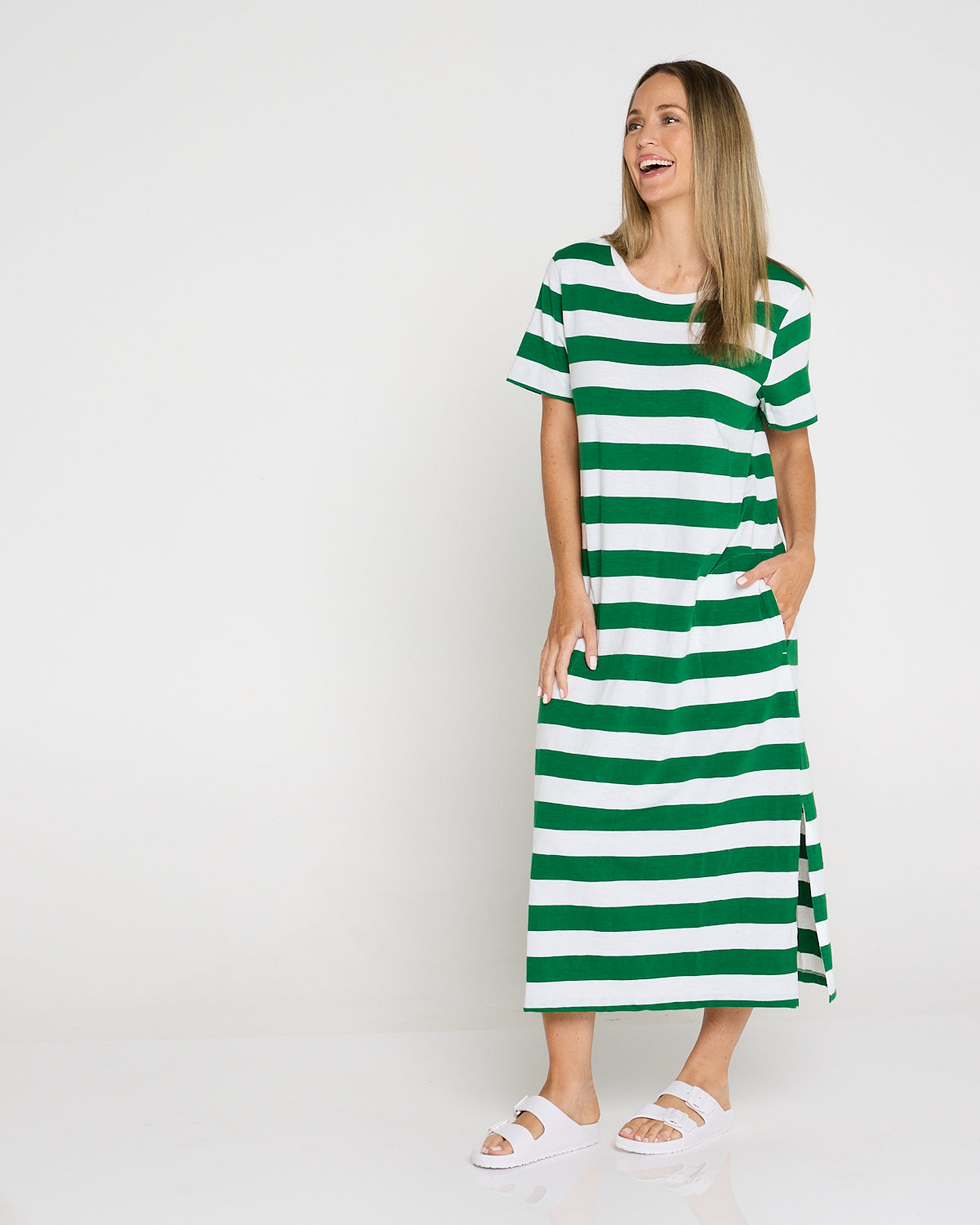 Mellow Cotton Tee Dress - Green/White Stripe