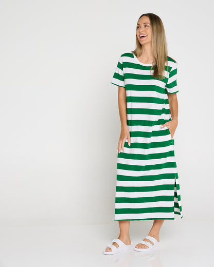 Mellow Cotton Tee Dress - Green/White Stripe