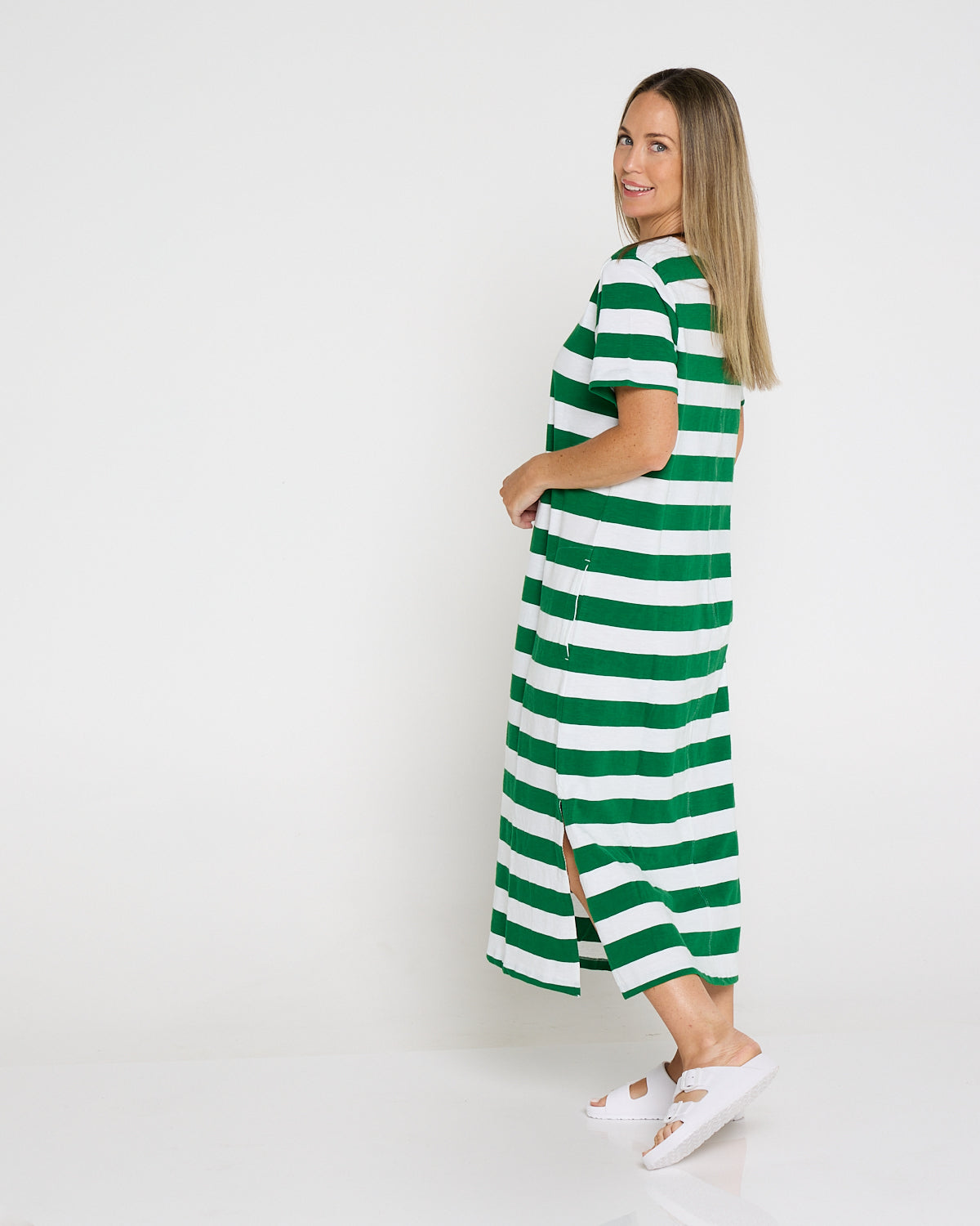 Mellow Cotton Tee Dress - Green/White Stripe