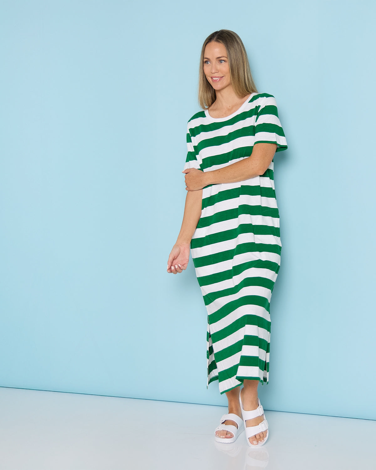 Mellow Cotton Tee Dress - Green/White Stripe