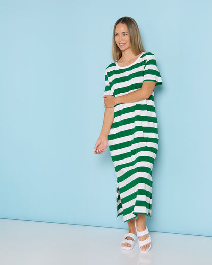 Mellow Cotton Tee Dress - Green/White Stripe