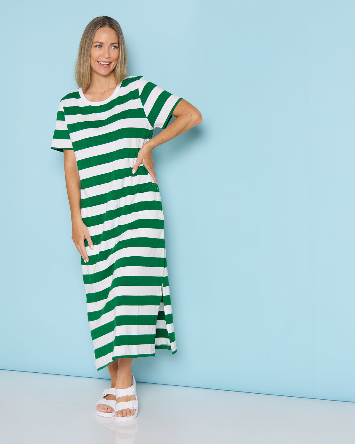 Mellow Cotton Tee Dress - Green/White Stripe
