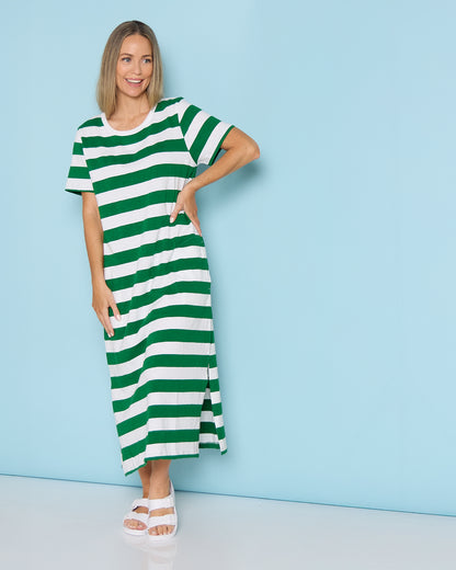 Mellow Cotton Tee Dress - Green/White Stripe