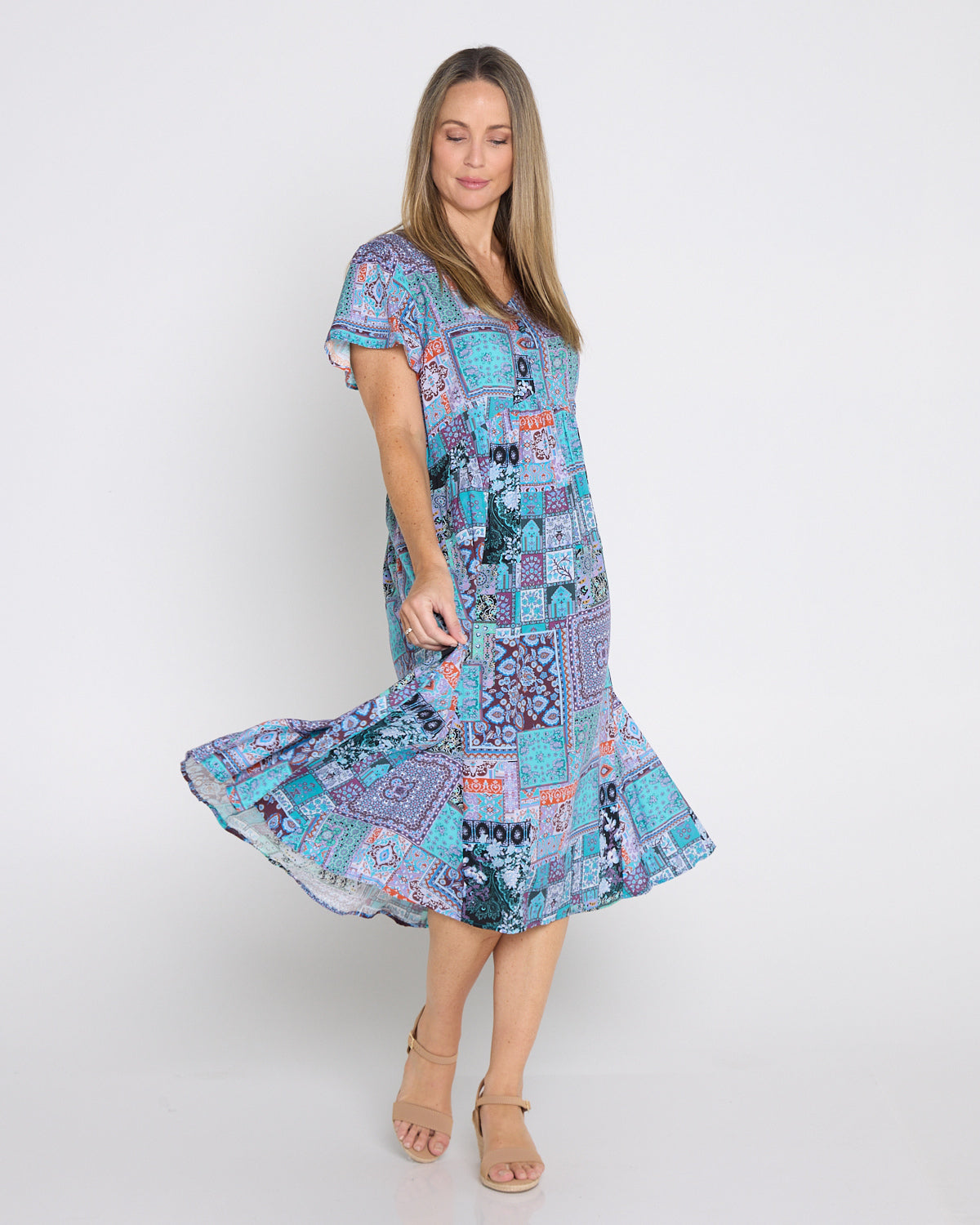 Brighton Dress - Aqua Purple Patchwork