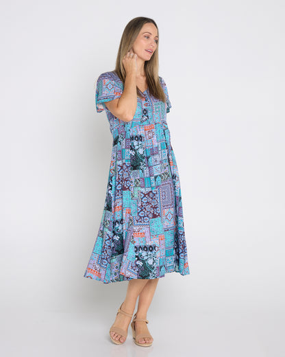 Brighton Dress - Aqua Purple Patchwork