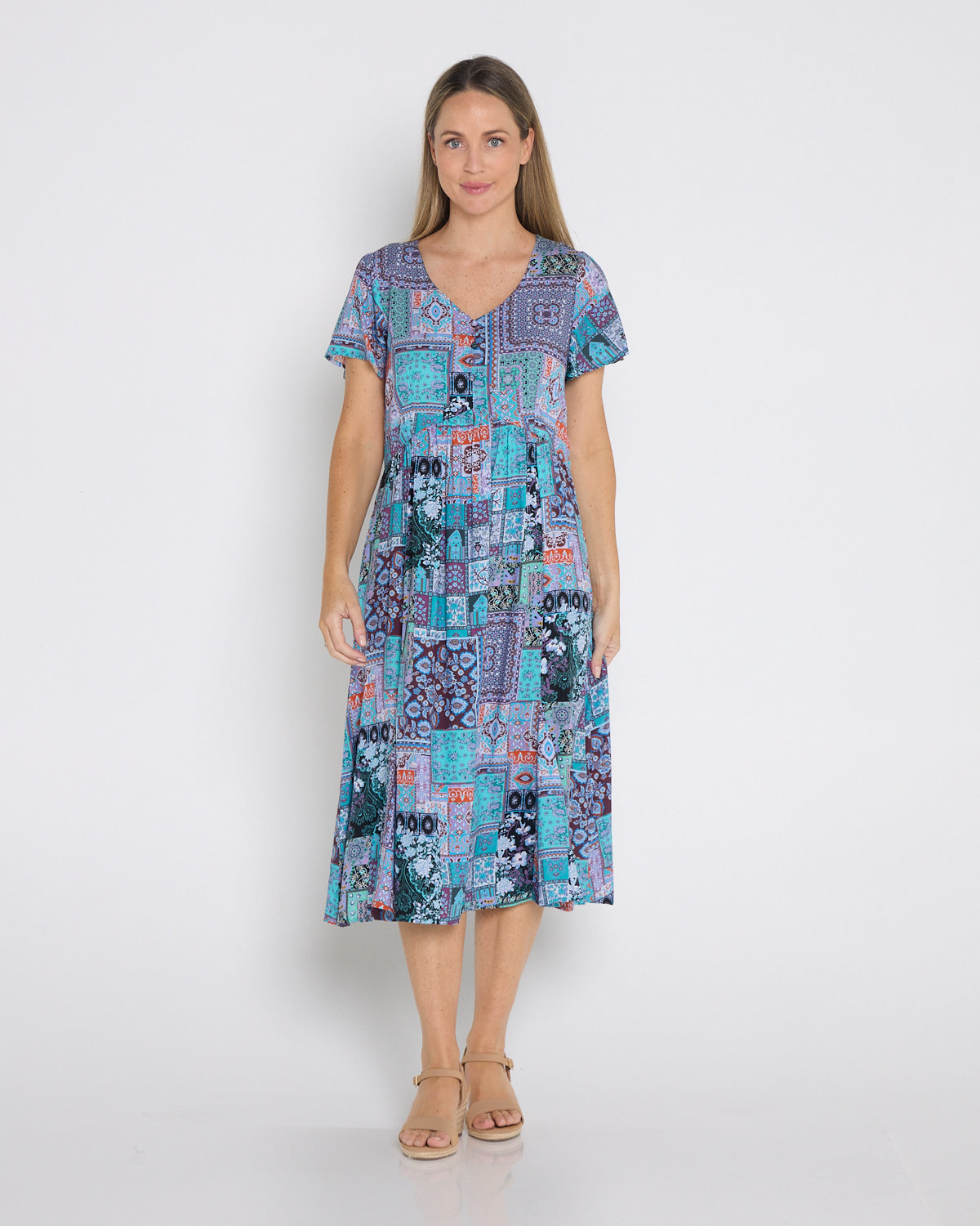 Brighton Dress - Aqua Purple Patchwork