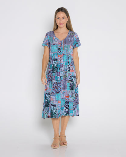 Brighton Dress - Aqua Purple Patchwork