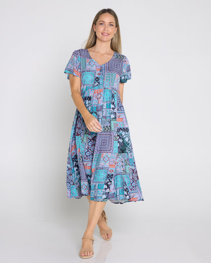Brighton Dress - Aqua Purple Patchwork