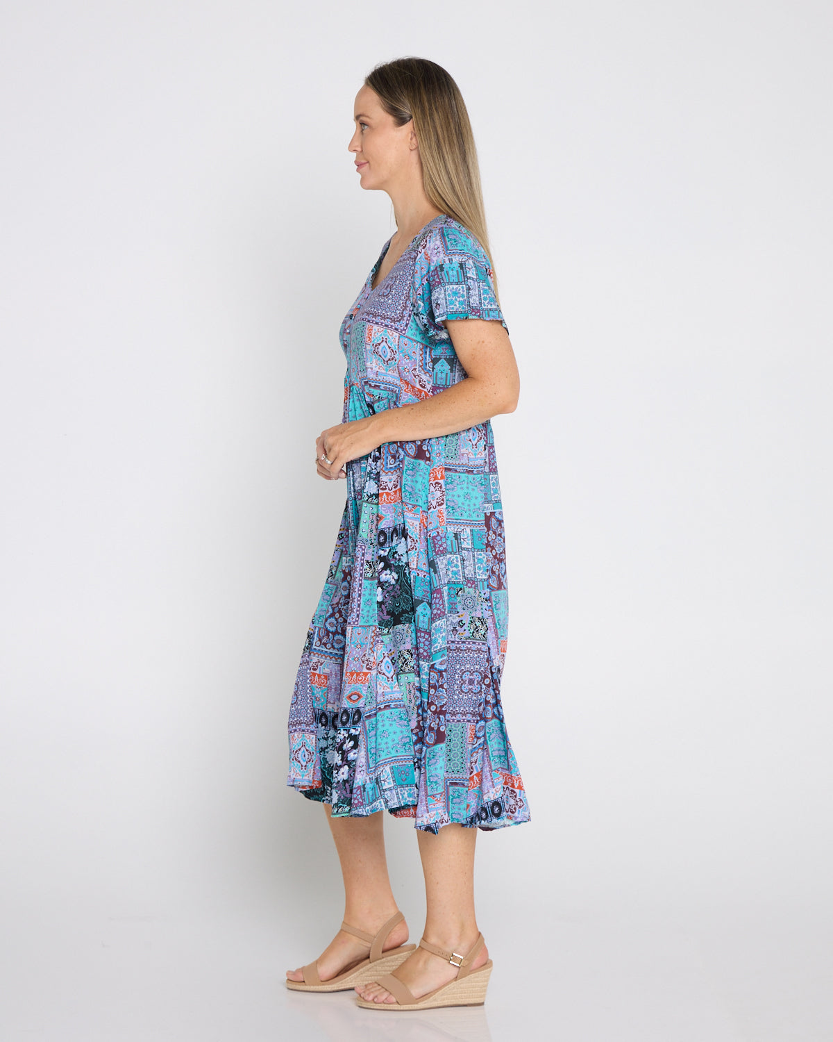 Brighton Dress - Aqua Purple Patchwork