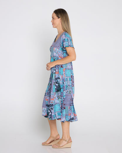 Brighton Dress - Aqua Purple Patchwork
