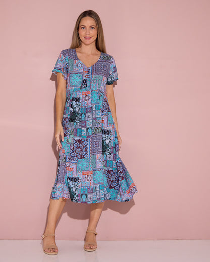 Brighton Dress - Aqua Purple Patchwork