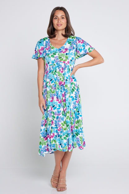Brighton Dress - Aqua/Pink Leaf