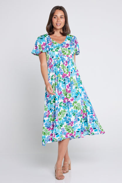 Brighton Dress - Aqua/Pink Leaf