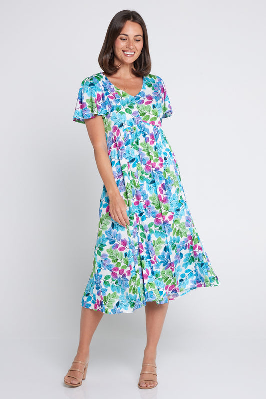 Brighton Dress - Aqua/Pink Leaf