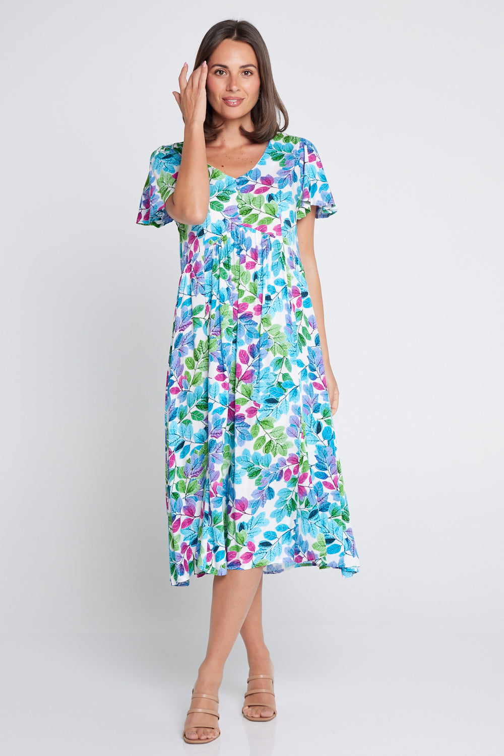 Brighton Dress - Aqua/Pink Leaf