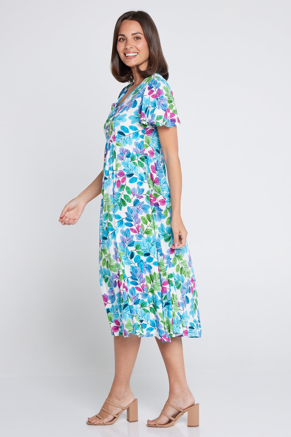 Brighton Dress - Aqua/Pink Leaf