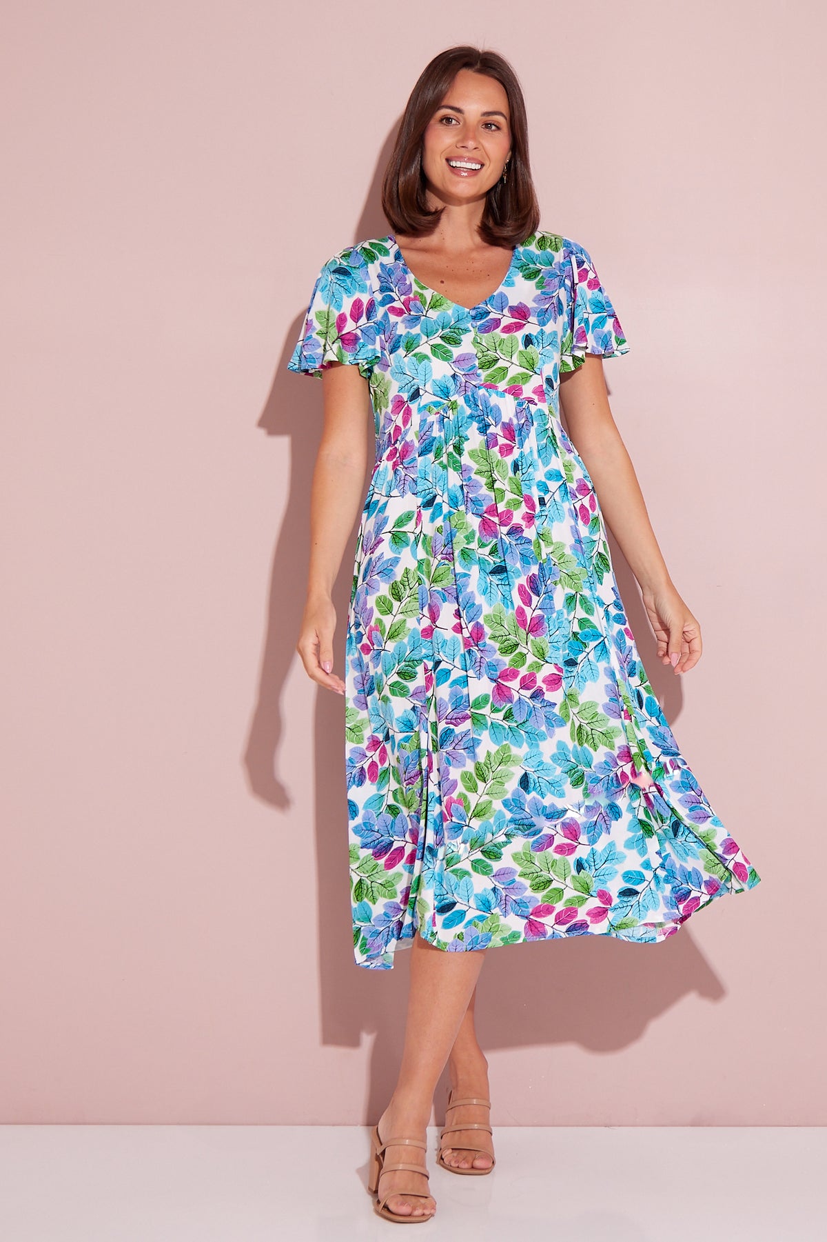 Brighton Dress - Aqua/Pink Leaf
