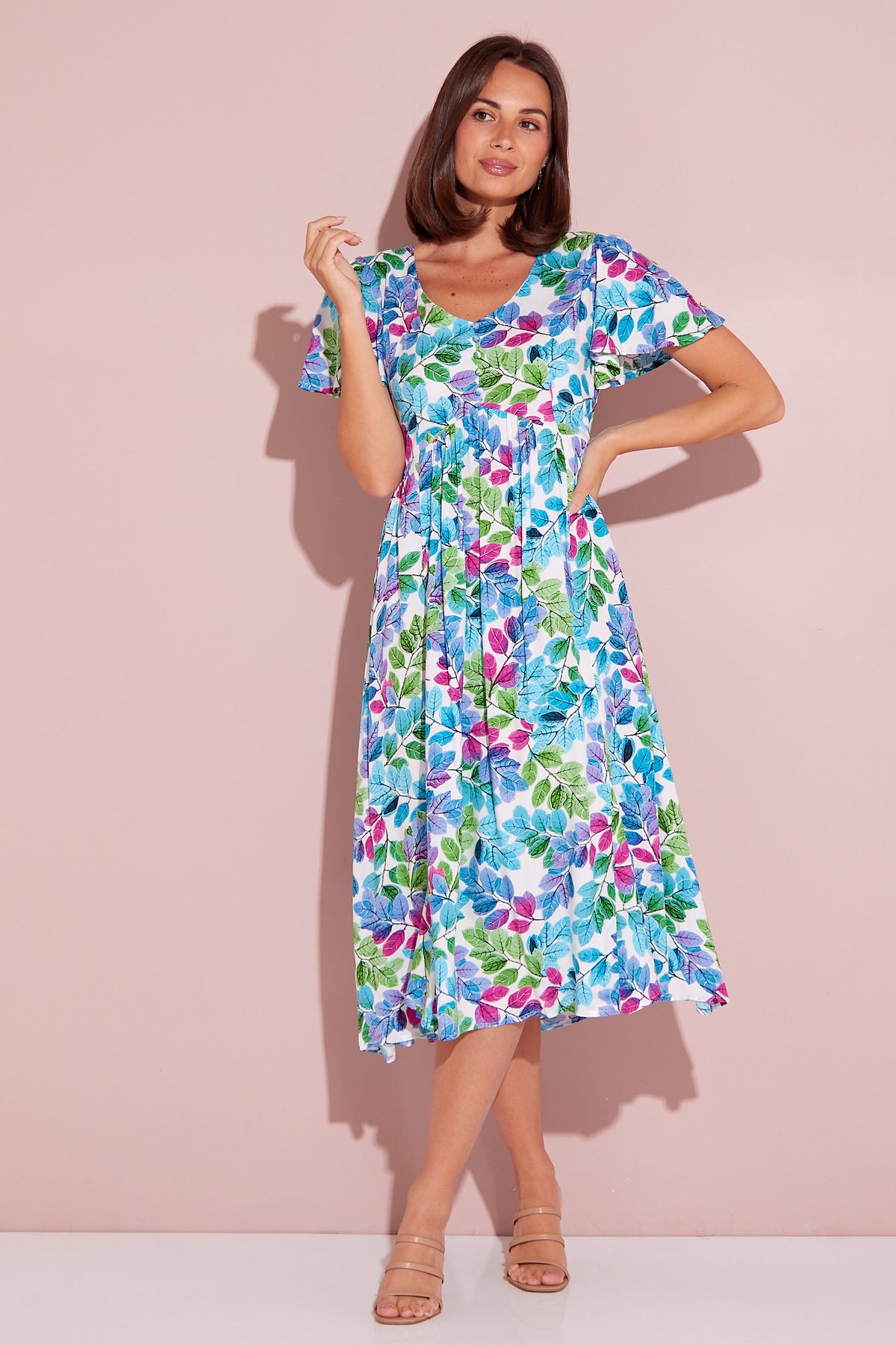 Brighton Dress - Aqua/Pink Leaf
